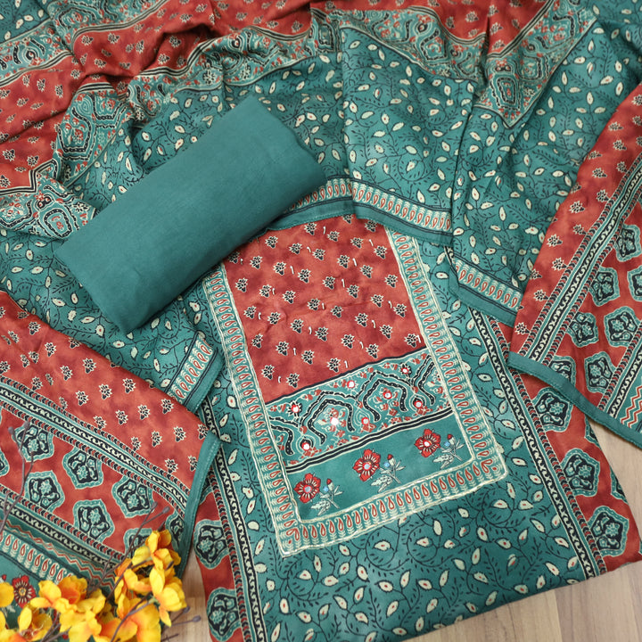 Newari Ocean Teal Patra Work in Panel Ajrak Printed Muslin Set
