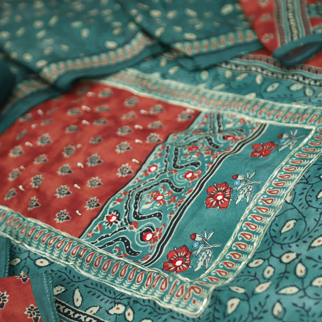 Newari Ocean Teal Patra Work in Panel Ajrak Printed Muslin Set