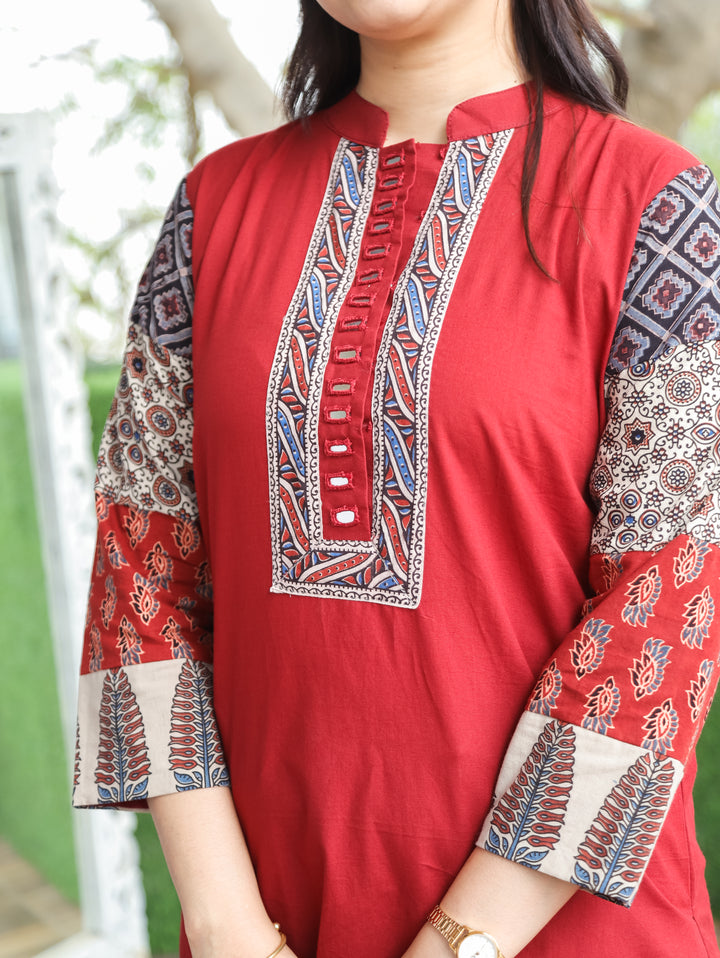 Belly Red Ajrakh Cotton Short Kurti
