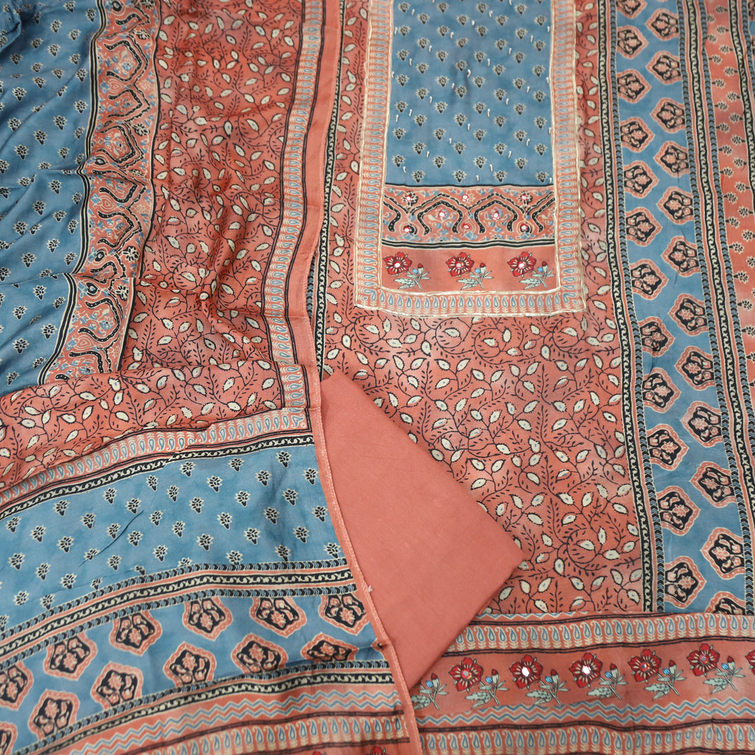 Newari Pumpkin Peach Patra Work in Panel Ajrak Printed Muslin Set