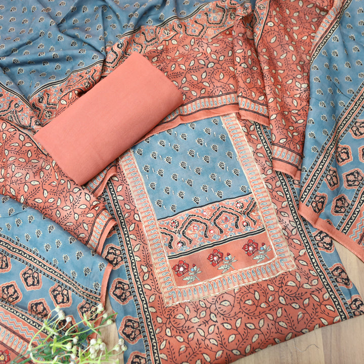 Newari Pumpkin Peach Patra Work in Panel Ajrak Printed Muslin Set