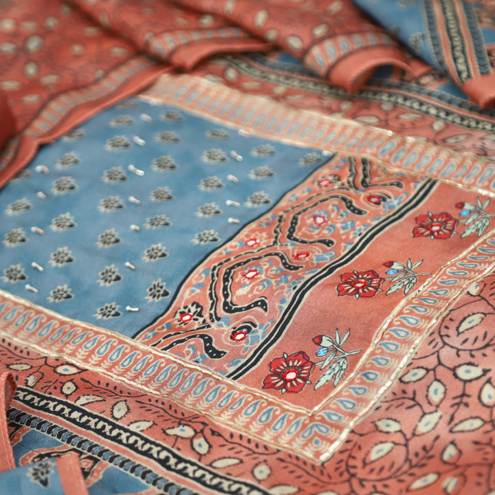 Newari Pumpkin Peach Patra Work in Panel Ajrak Printed Muslin Set