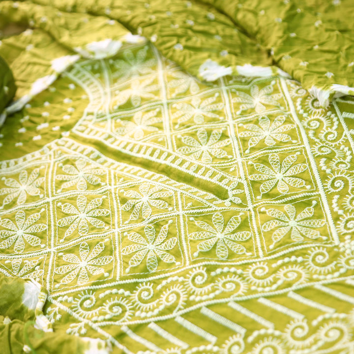 Bandegi Green Authentic Bandhej with Thread Neck Work Cotton Set