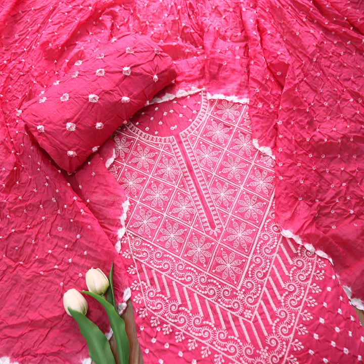 Bandegi Pink Authentic Bandhej with Thread Neck Work Cotton Set
