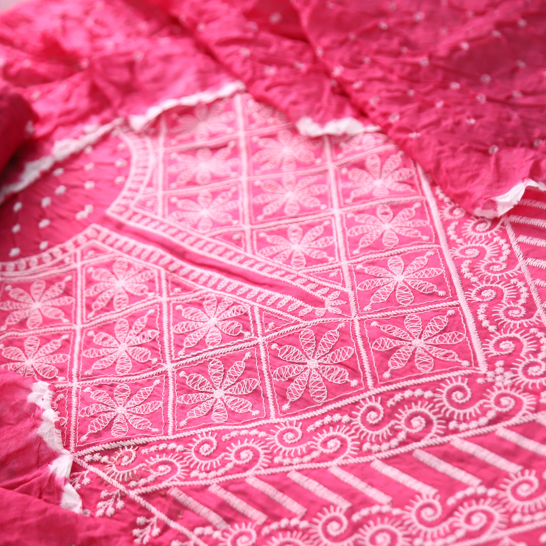 Bandegi Pink Authentic Bandhej with Thread Neck Work Cotton Set