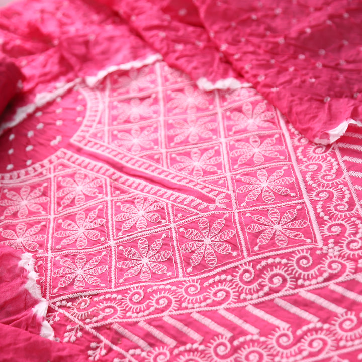 Bandegi Pink Authentic Bandhej with Thread Neck Work Cotton Set