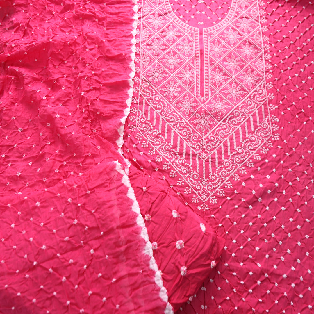 Bandegi Pink Authentic Bandhej with Thread Neck Work Cotton Set