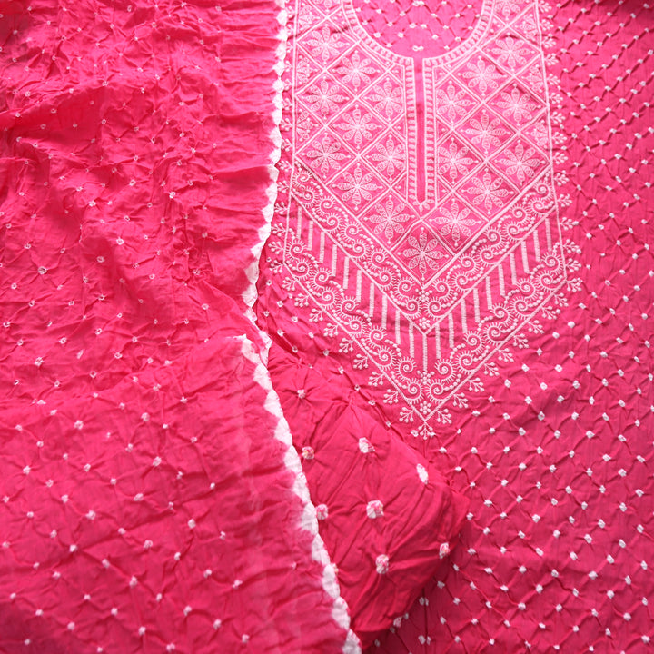 Bandegi Pink Authentic Bandhej with Thread Neck Work Cotton Set