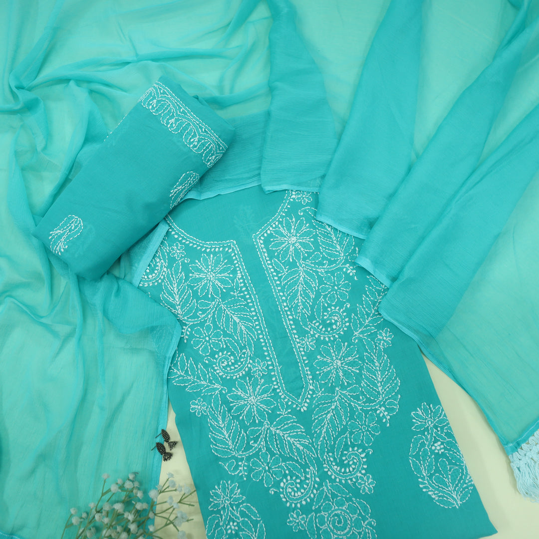 Mohataaz Teal Blue Authentic Chikankari Cotton Top with Chiffon Dupatta-D1