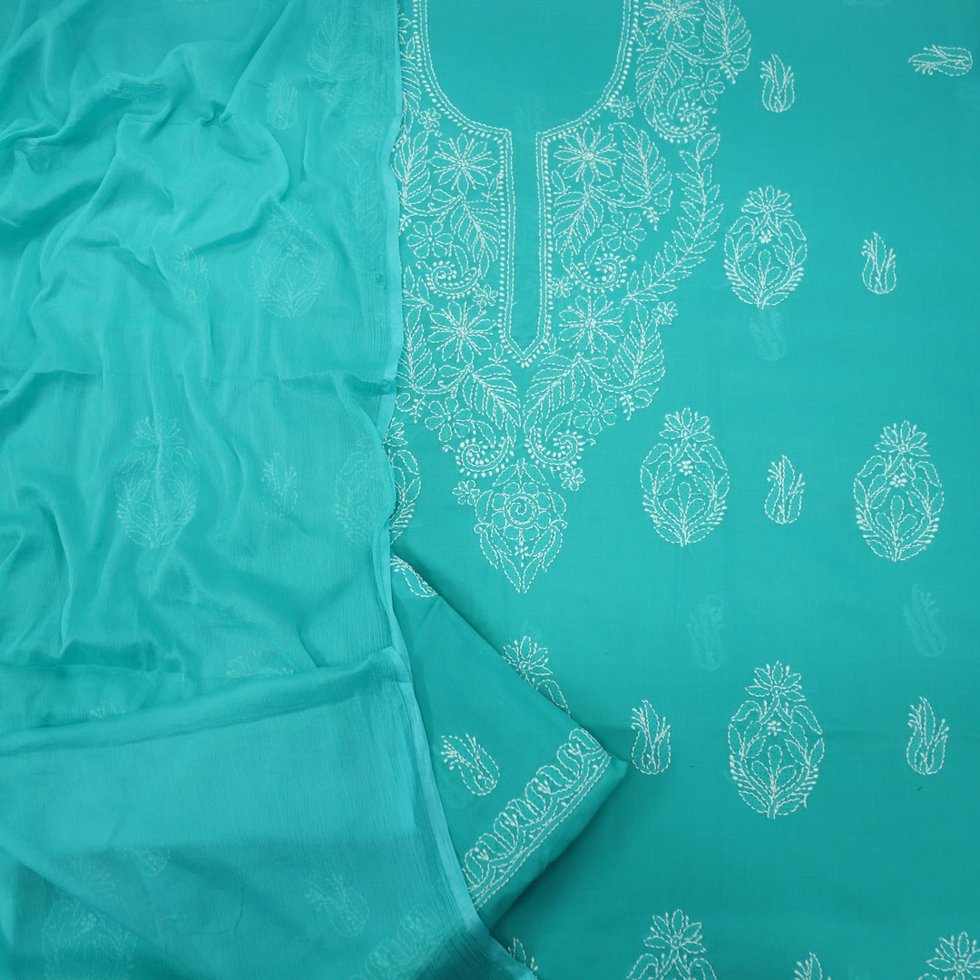 Mohataaz Teal Blue Authentic Chikankari Cotton Top with Chiffon Dupatta-D1