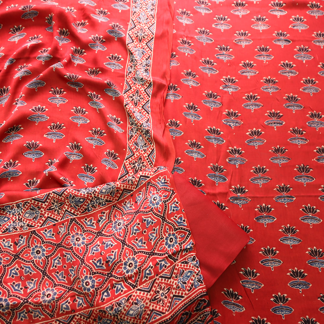 Ashwini Carnation Red Ajrakh Kalamkari Print Modal Silk Set