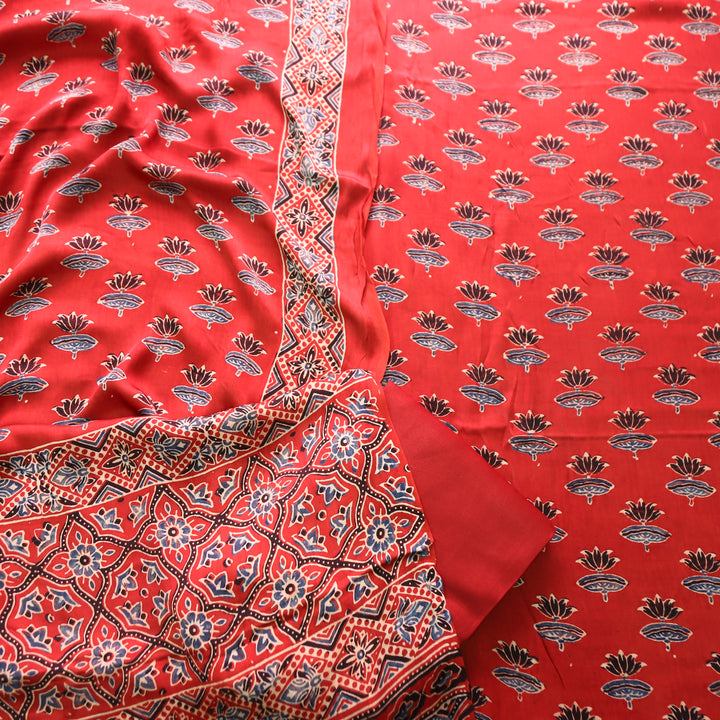 Ashwini Carnation Red Ajrakh Kalamkari Print Modal Silk Set