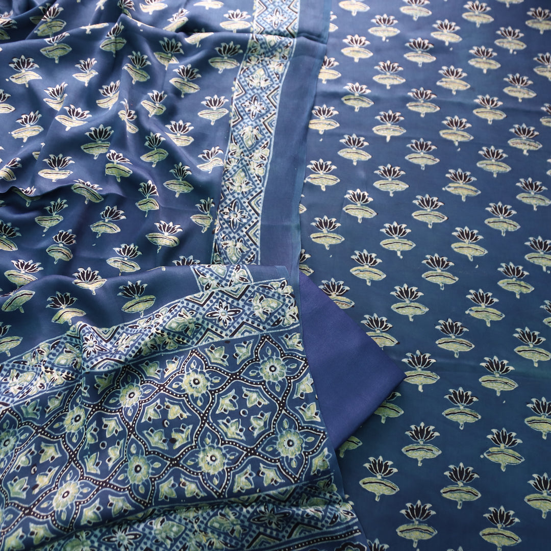 Ashwini Cerulean Blue Ajrakh Kalamkari Print Modal Silk Set