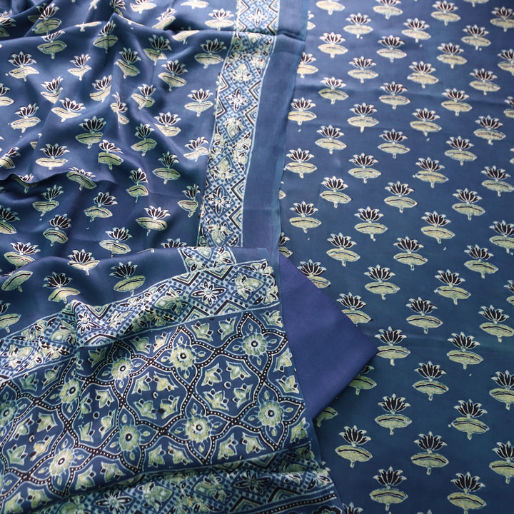 Ashwini Cerulean Blue Ajrakh Kalamkari Print Modal Silk Set