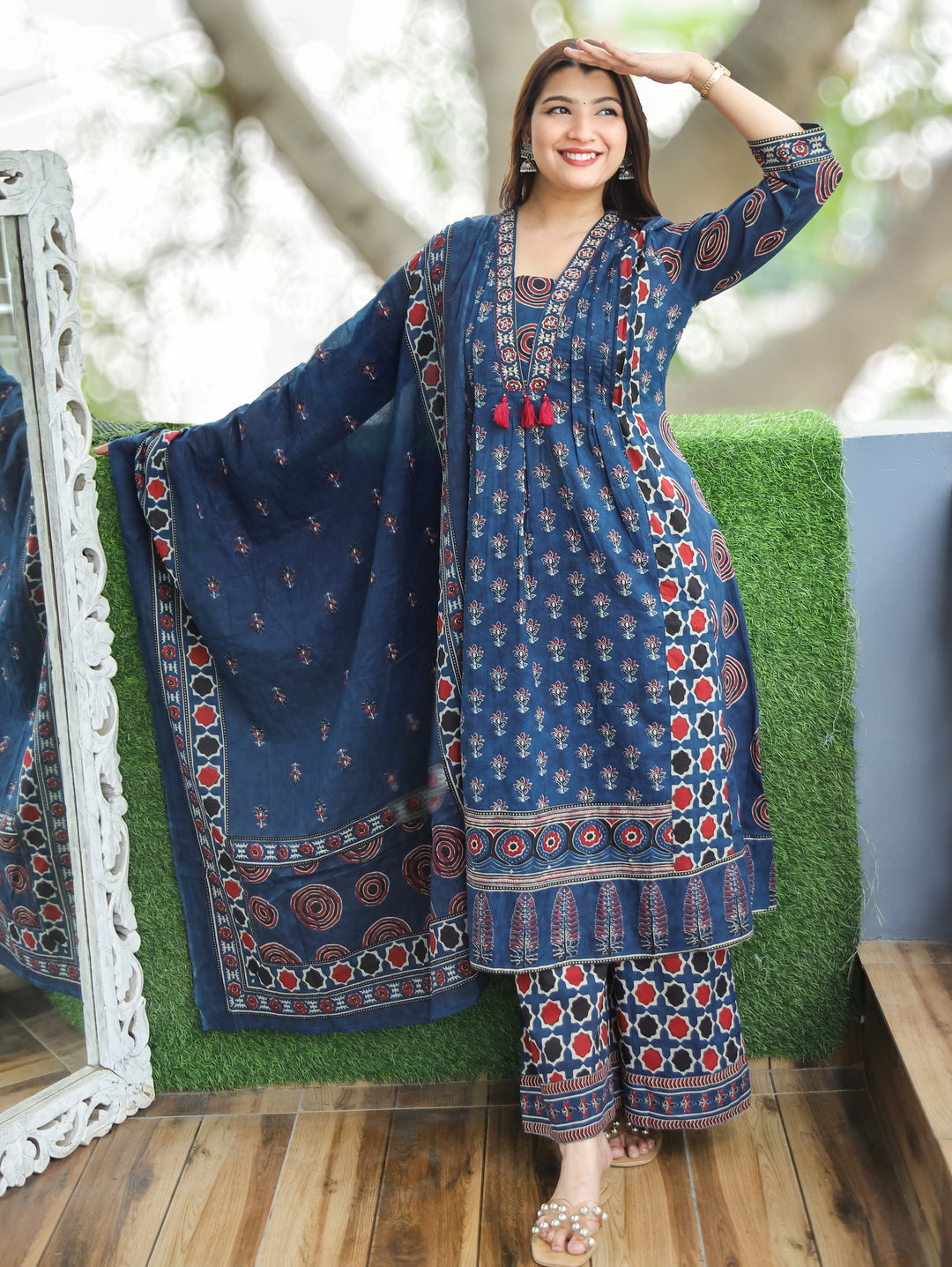 Jennie Navy Blue Ajrak Printed Cotton 3 Piece Set