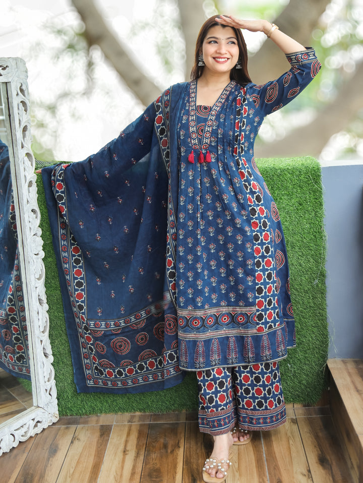 Jennie Navy Blue Ajrak Printed Cotton 3 Piece Set