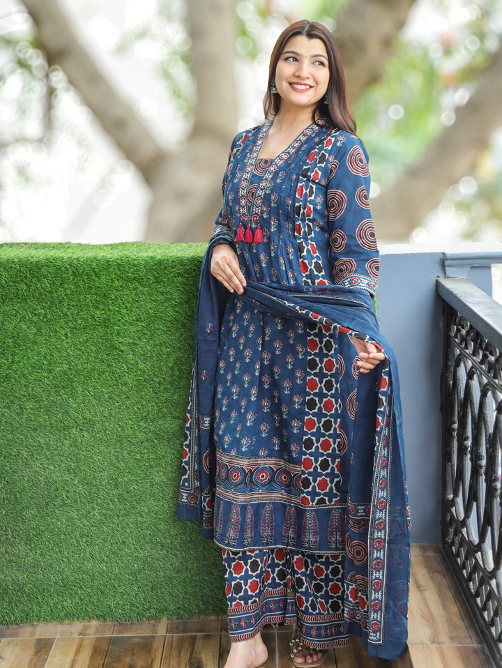 Jennie Navy Blue Ajrak Printed Cotton 3 Piece Set