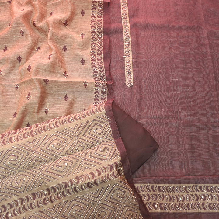 Farhana Choco Brown Self Print Kantha  Work Chanderi Set