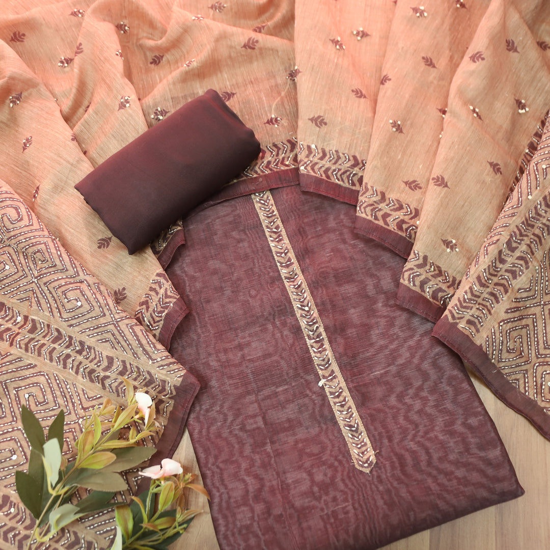 Farhana Choco Brown Self Print Kantha  Work Chanderi Set