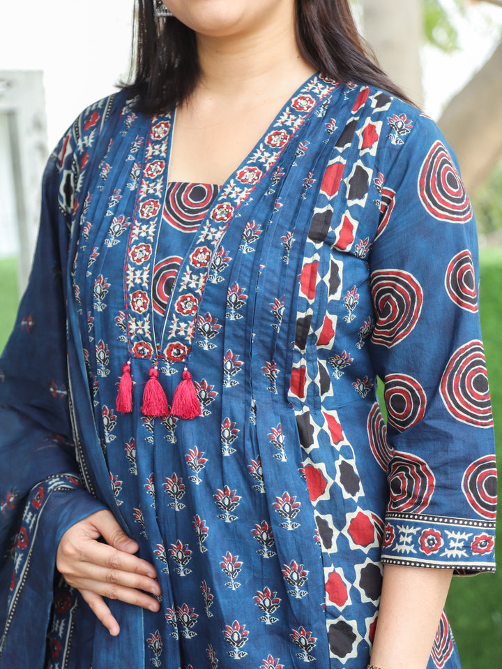 Jennie Navy Blue Ajrak Printed Cotton 3 Piece Set