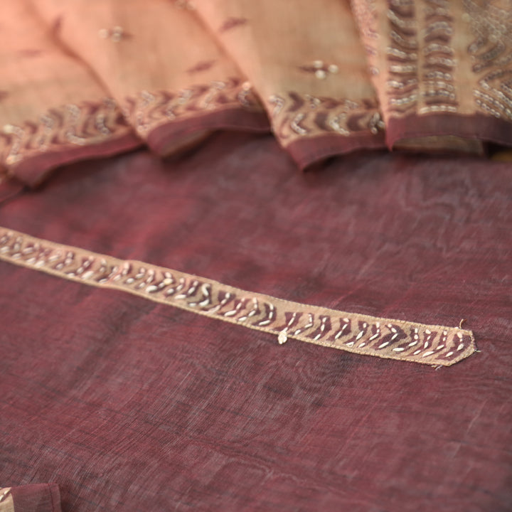 Farhana Choco Brown Self Print Kantha  Work Chanderi Set