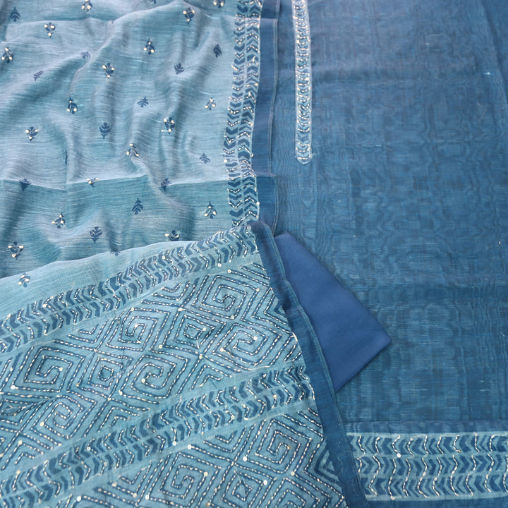Farhana Cerulean Blue Self Print Kantha  Work Chanderi Set