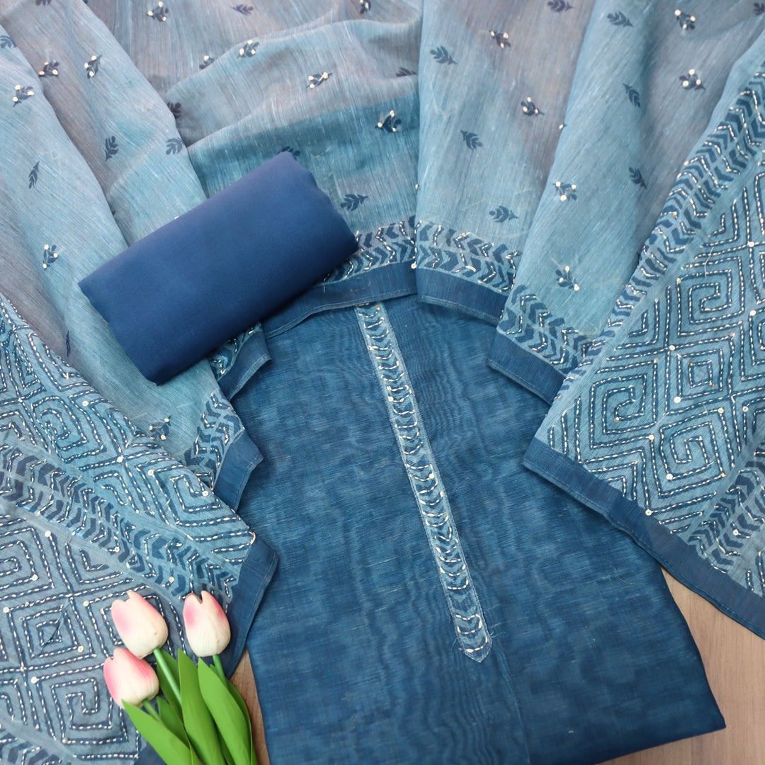 Farhana Cerulean Blue Self Print Kantha  Work Chanderi Set