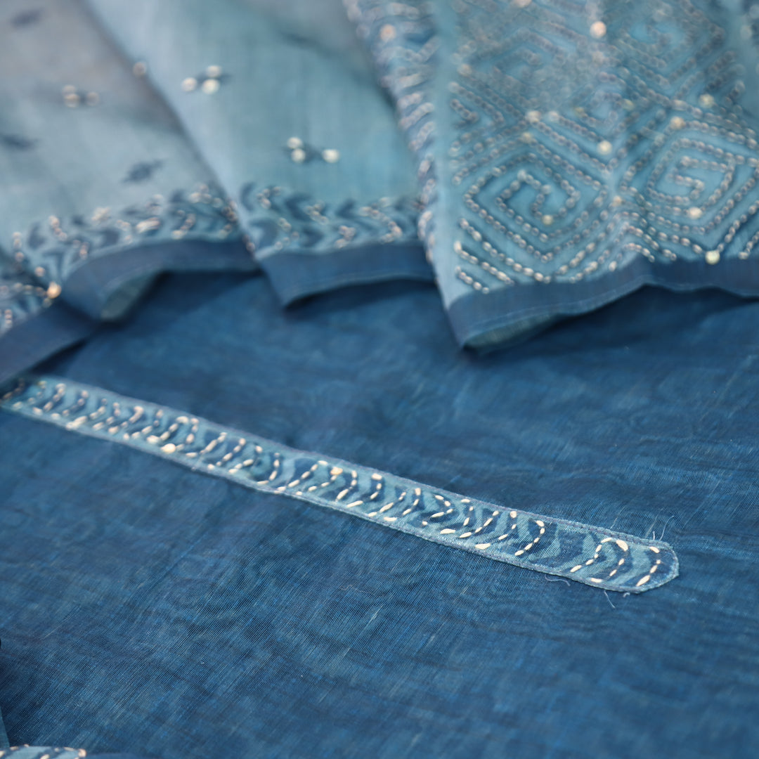 Farhana Cerulean Blue Self Print Kantha  Work Chanderi Set