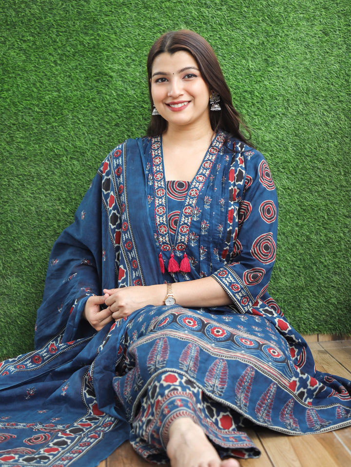 Jennie Navy Blue Ajrak Printed Cotton 3 Piece Set