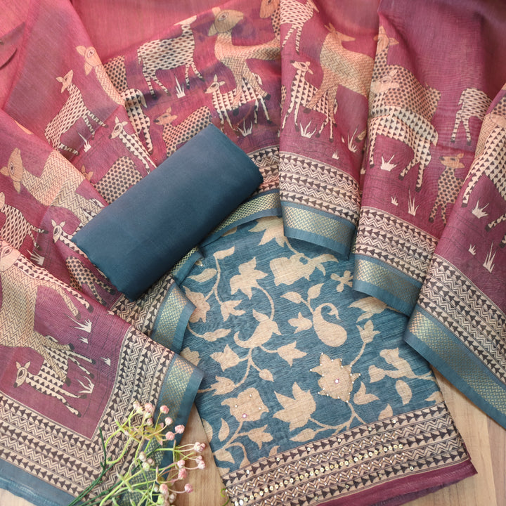 Shivani Denim Blue Floral Printed Moti Work Hem Tussar Chanderi Set