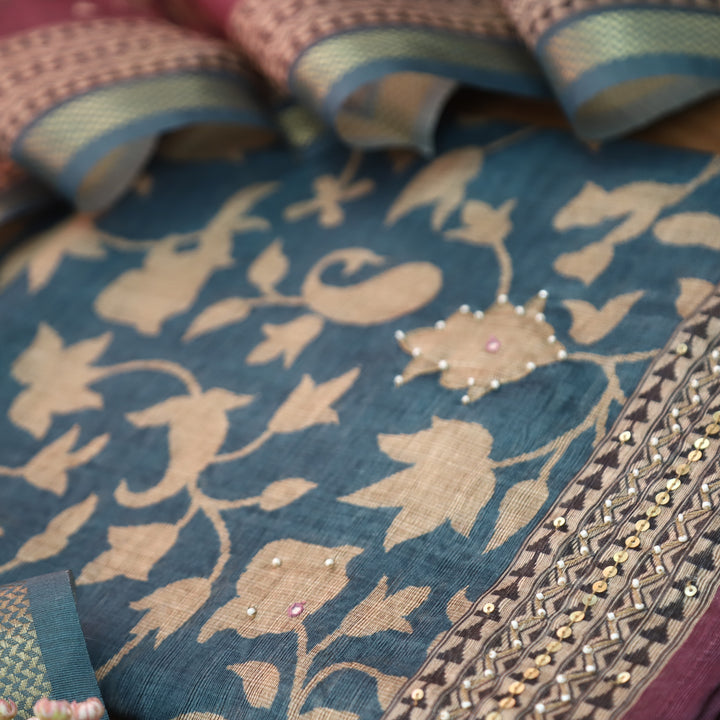 Shivani Denim Blue Floral Printed Moti Work Hem Tussar Chanderi Set