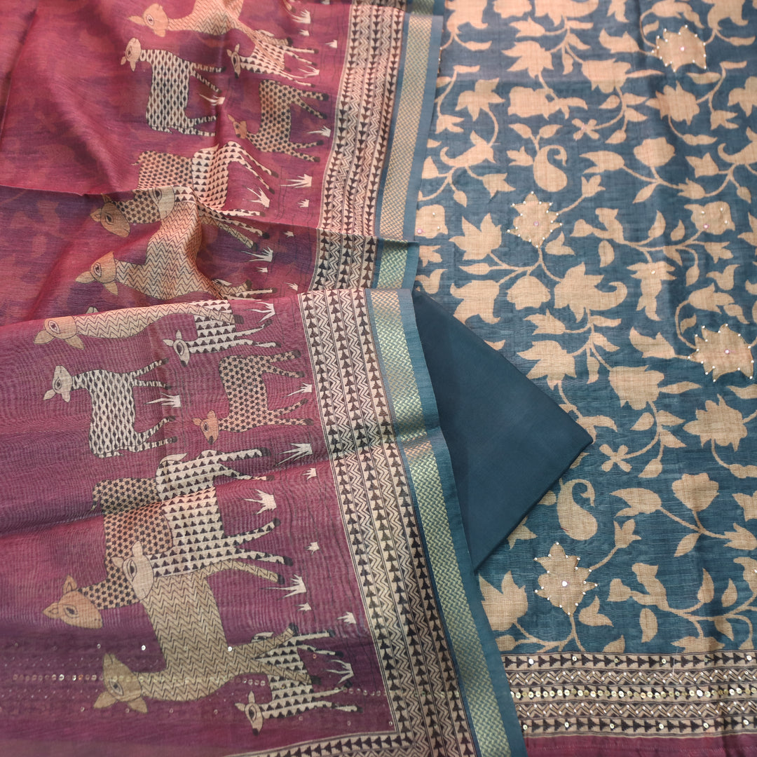 Shivani Denim Blue Floral Printed Moti Work Hem Tussar Chanderi Set