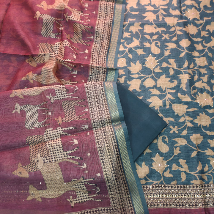 Shivani Denim Blue Floral Printed Moti Work Hem Tussar Chanderi Set