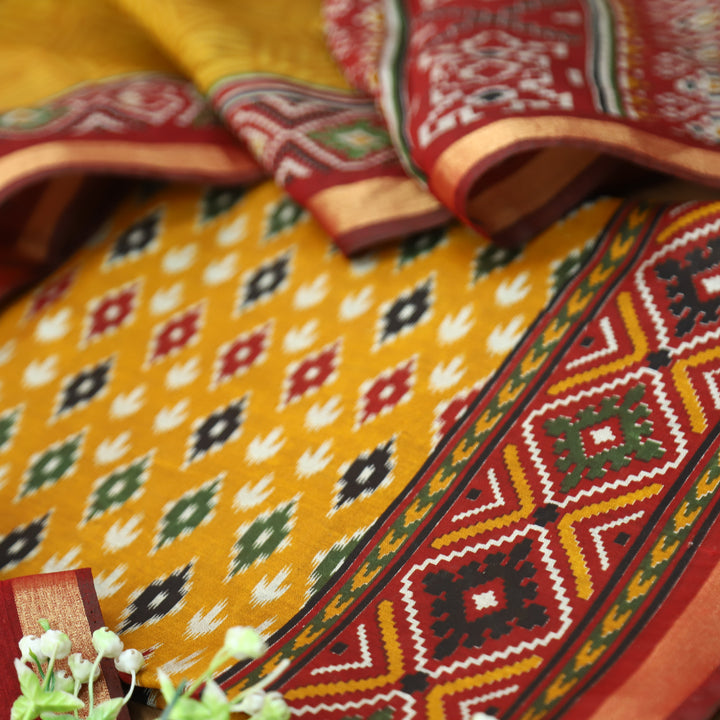 Rua Dijon Yellow All Over Patola Shadow Printed Work Muslin Silk Set