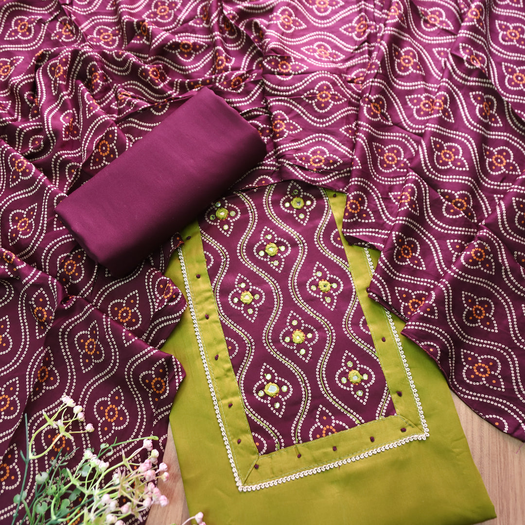 Gajgamini Olive Green Mirror with Bandhani Print Mashru Patch Glazed Cotton Set