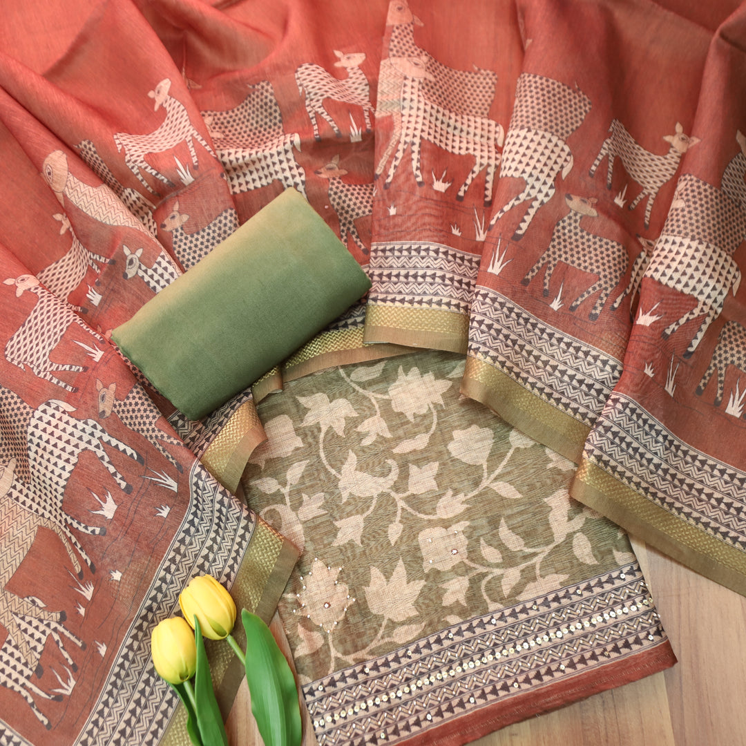 Shivani Fern Green Floral Printed Moti Work Hem Tussar Chanderi Set