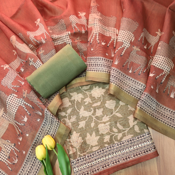 Shivani Fern Green Floral Printed Moti Work Hem Tussar Chanderi Set
