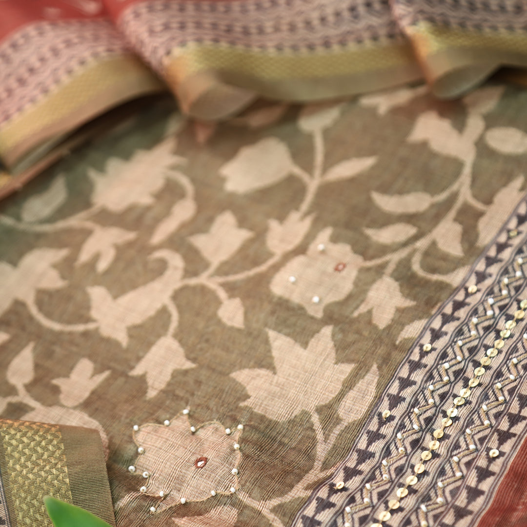 Shivani Fern Green Floral Printed Moti Work Hem Tussar Chanderi Set