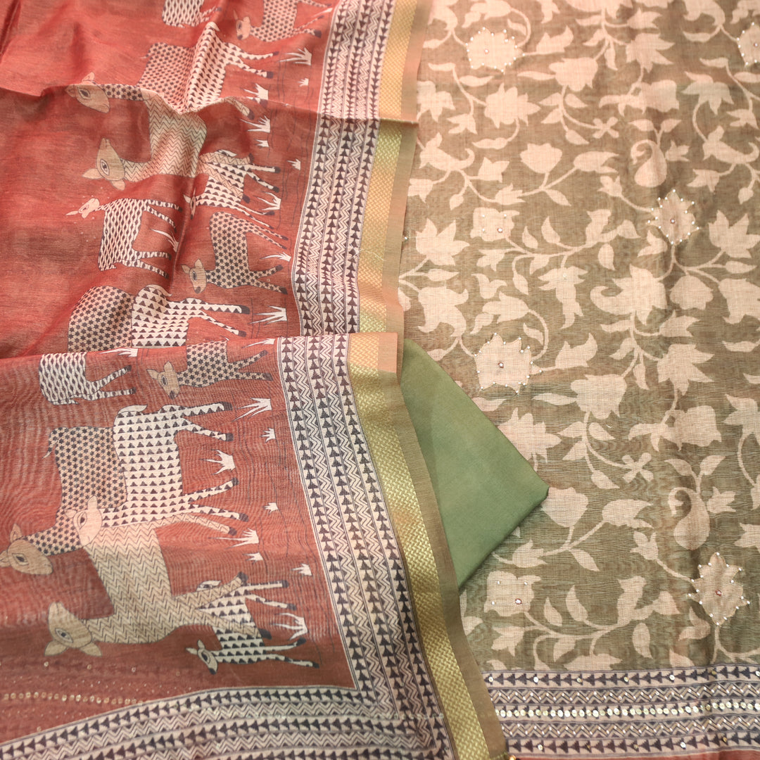 Shivani Fern Green Floral Printed Moti Work Hem Tussar Chanderi Set