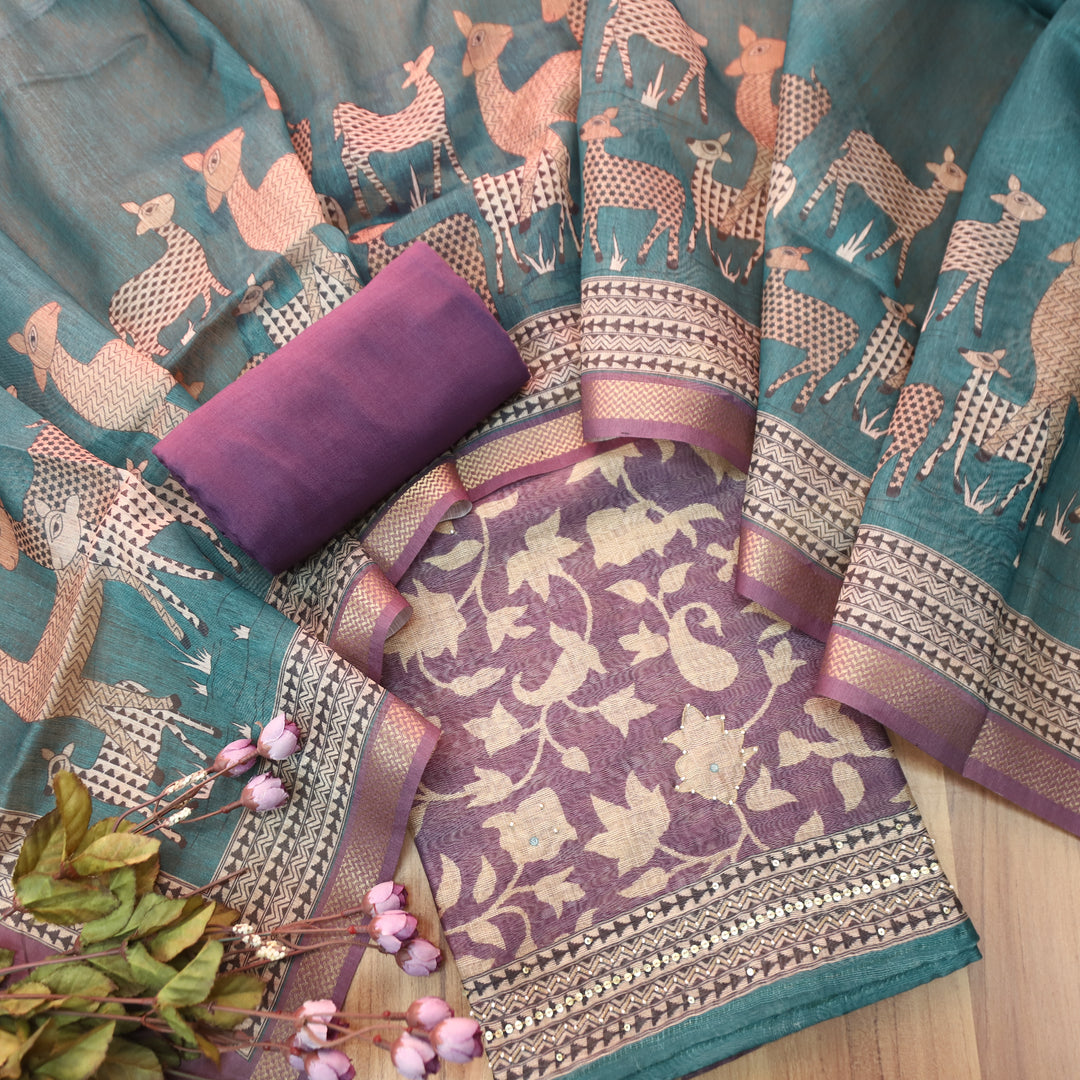 Shivani Violet Purple Floral Printed Moti Work Hem Tussar Chanderi Set