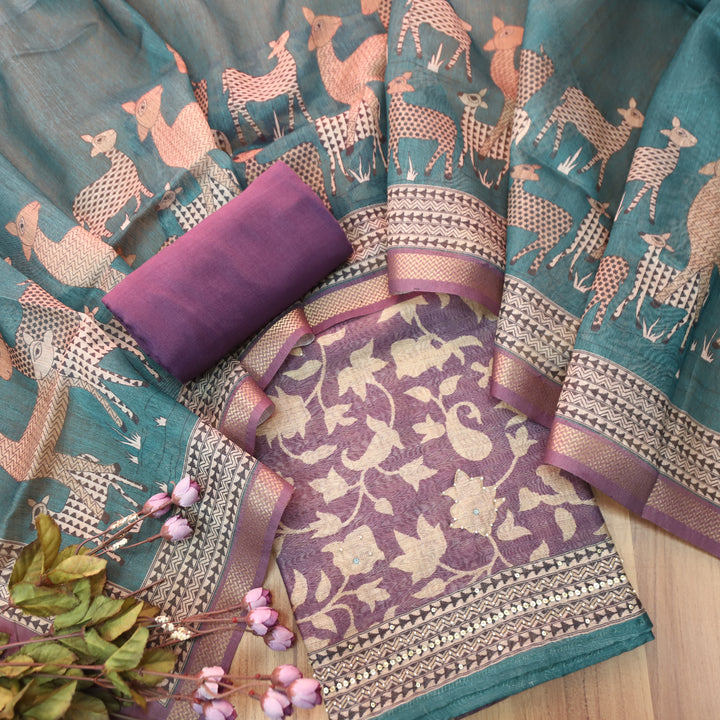 Shivani Violet Purple Floral Printed Moti Work Hem Tussar Chanderi Set