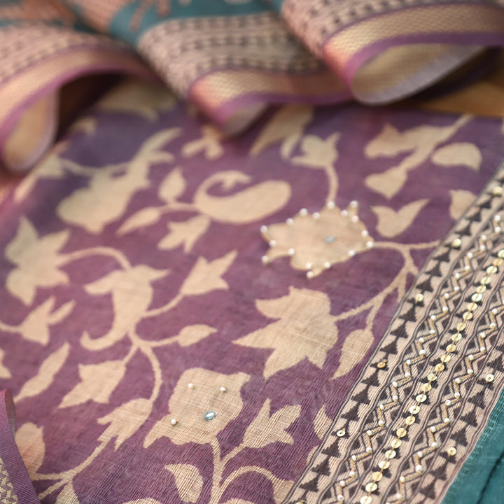 Shivani Violet Purple Floral Printed Moti Work Hem Tussar Chanderi Set