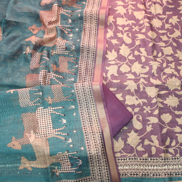 Shivani Violet Purple Floral Printed Moti Work Hem Tussar Chanderi Set
