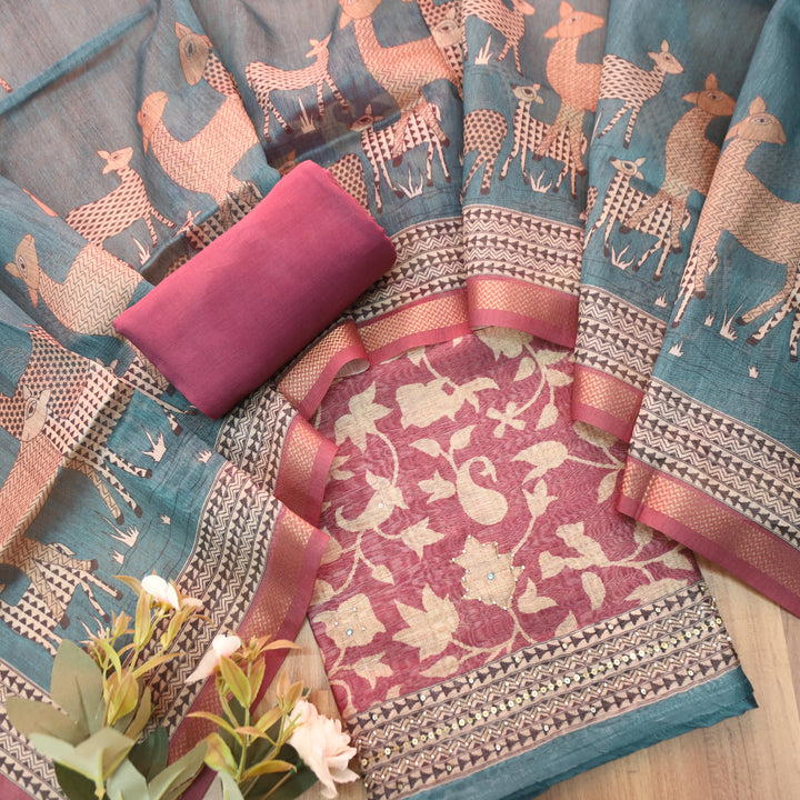 Shivani Rosy Mauve Floral Printed Moti Work Hem Tussar Chanderi Set