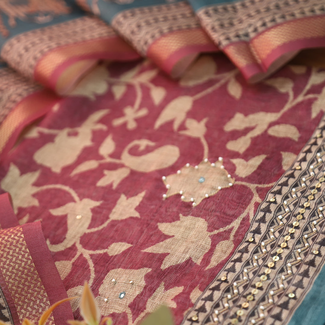 Shivani Rosy Mauve Floral Printed Moti Work Hem Tussar Chanderi Set