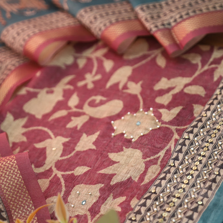 Shivani Rosy Mauve Floral Printed Moti Work Hem Tussar Chanderi Set