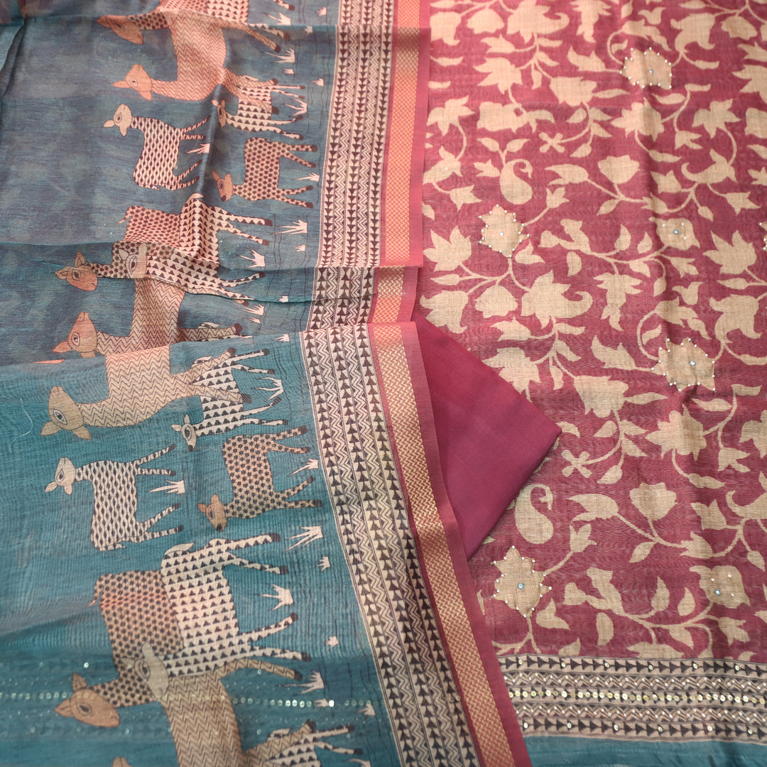 Shivani Rosy Mauve Floral Printed Moti Work Hem Tussar Chanderi Set
