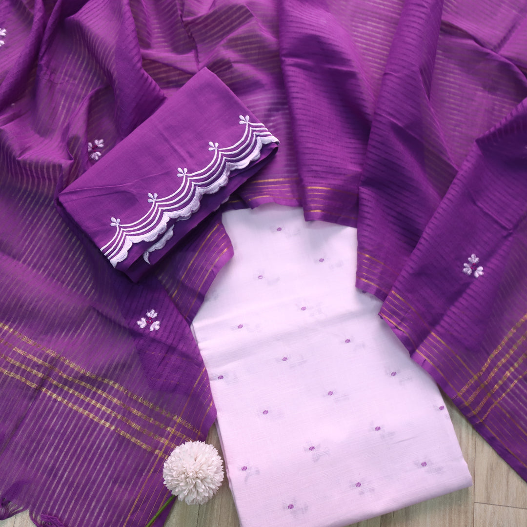 Kinaari Soft Lilac Thread Weaved Cotton Suit Set with Embroidered Bottom