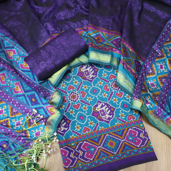 Raya Azure Turq All Over Patola Shadow Printed Work Muslin Set