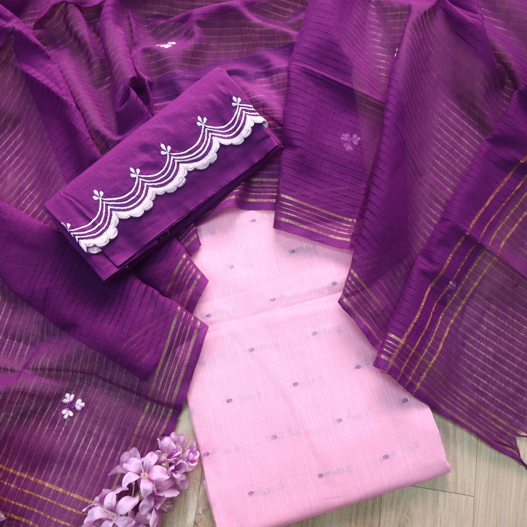 Kinaari Softy Pink Thread Weaved Cotton Suit Set with Embroidered Bottom